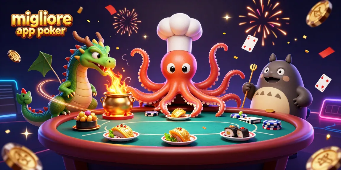 Migliore app poker con divertenti giochi di carte all'immagine di un tavolo da poker e personaggi cartoon.