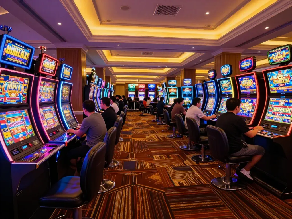 Kubet players engaging with exciting slot machines on a vibrant casino floor