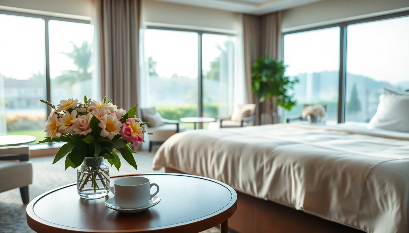 Accommodation in a luxurious hotel room with a king-sized bed and a serene garden view.