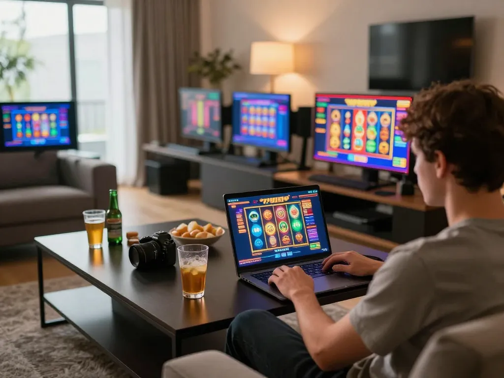 Engaging F168 online gaming scene with user playing colorful slots on laptop at home