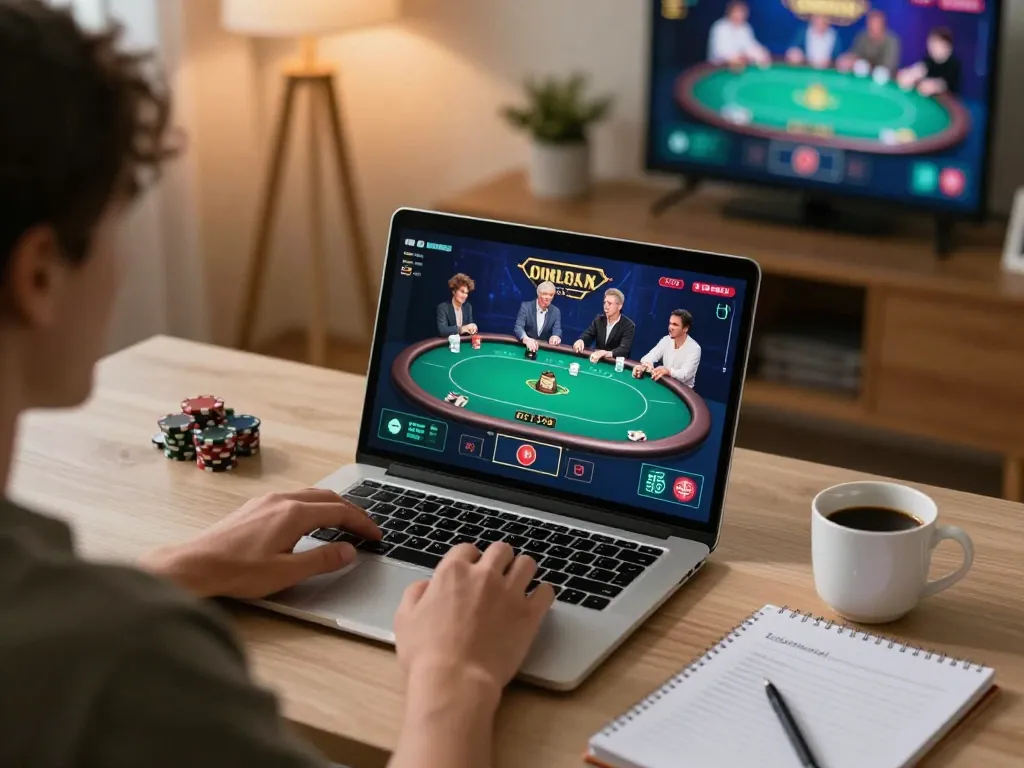 Poker Online gameplay in a cozy home setup with a player analyzing strategies and placing bets