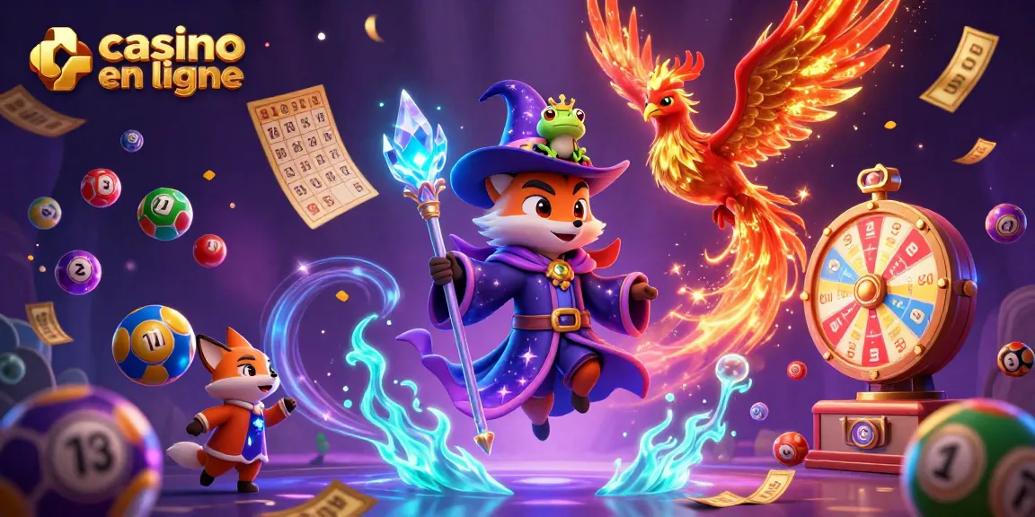 Découvrez les jeux captivants sur casino en ligne avec un sorcier cartoon, un phénix enflammé et des éléments de bingo.