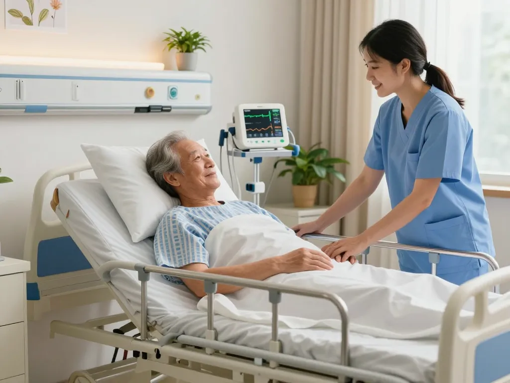 giường bệnh nhân in a hospital room with a caregiver assisting an elderly patient, warm and inviting atmosphere