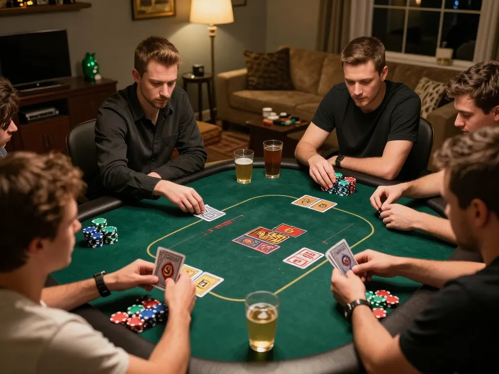 BUKA77 LOGIN action during a poker game night with players and cards in focus, creating an engaging social atmosphere.