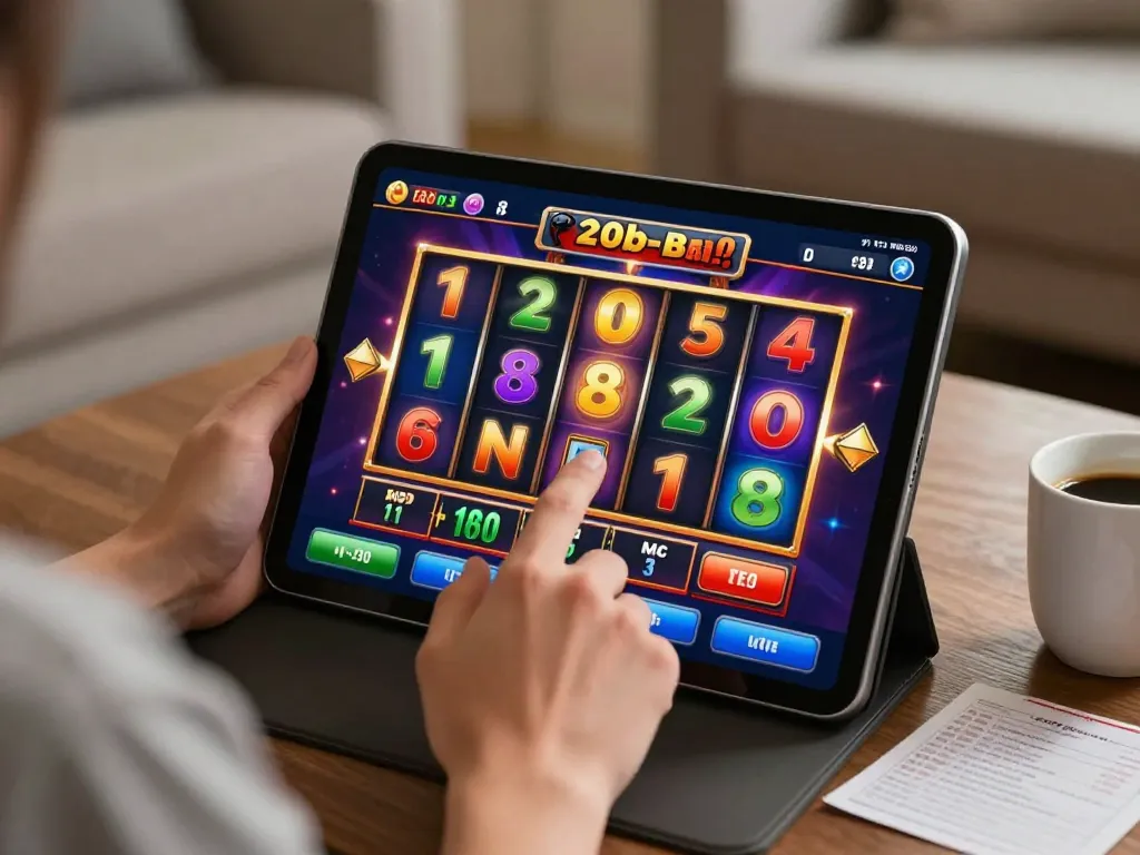 Engaging online slot game action on 123b-bm tablet, showcasing vibrant reels and intuitive interface.