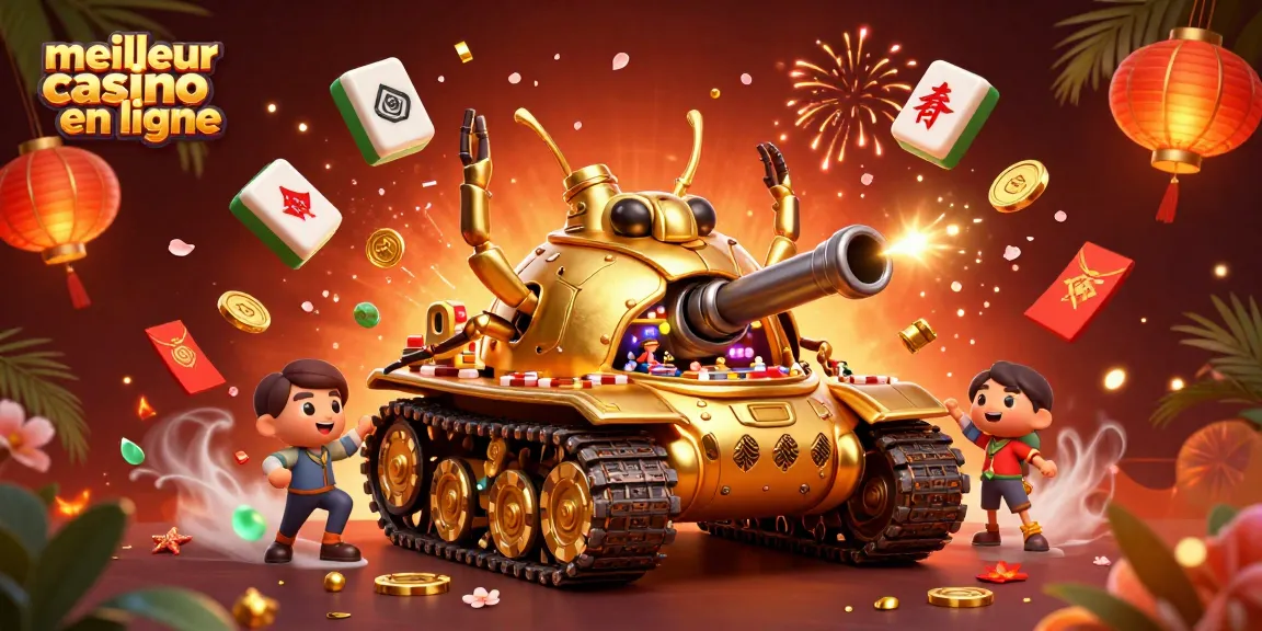 Jouez au meilleur casino en ligne avec un tank doré entouré de jeux et de festivités.