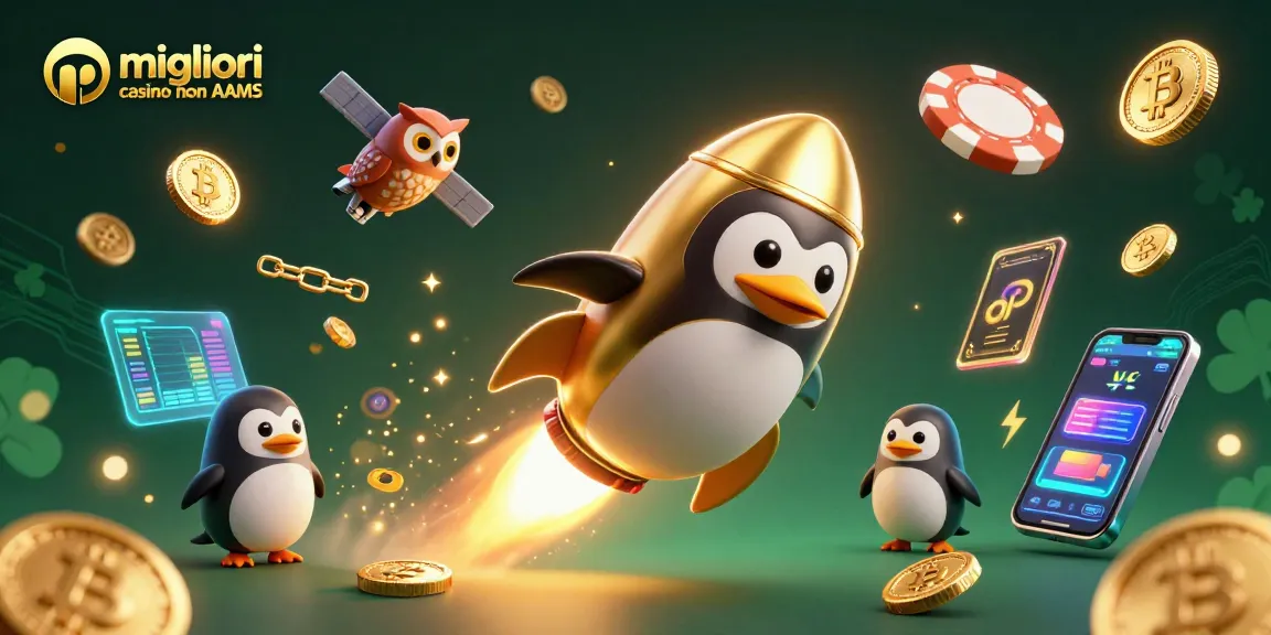 I migliori casino non AAMS offrono un'illustrazione vibrante di un pinguino d'oro con monete volanti e criptovalute.