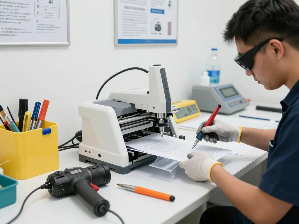 Bóc ép plastic hà nội - Professional technician using advanced machinery to carefully remove plastic from important documents in a bright, organized workshop.
