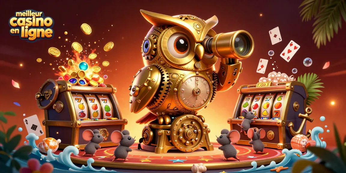 Visitez le meilleur casino en ligne avec une illustration vibrante d'un hibou en or mécanique explorant un casino rempli de trésors.