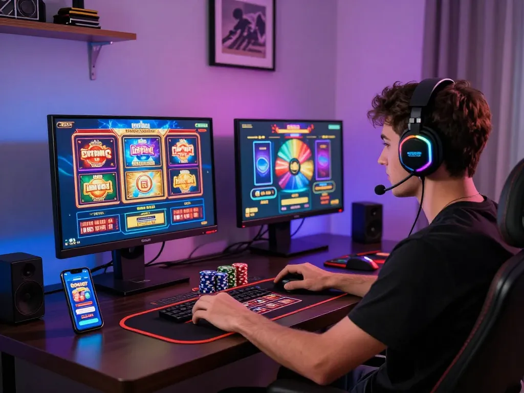 Exciting gaming setup showcasing link gacor with vibrant screens and casino atmosphere.