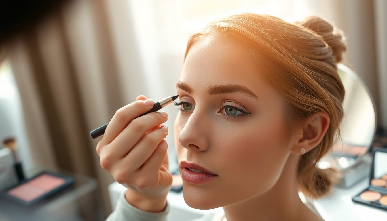Creating beautiful brows with an eyebrow pencil light brown for defined arches.
