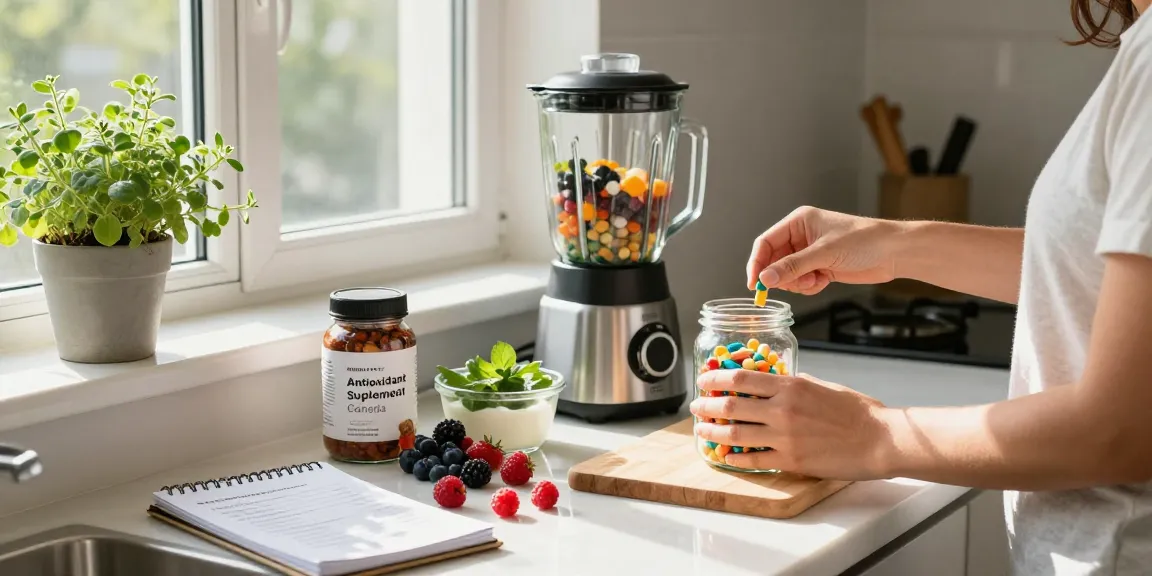 Healthy individual preparing an antioxidant supplement Canada smoothie in a bright kitchen.
