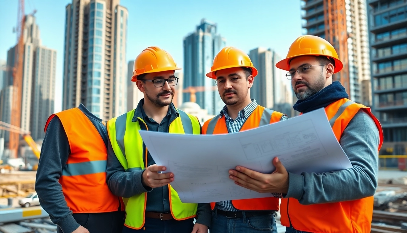 New York City Commercial General Contractor examining building plans at a busy construction site.