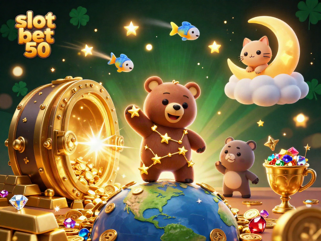 Experience the excitement of slot bet 50 in this vibrant casino-themed illustration bursting with treasures.