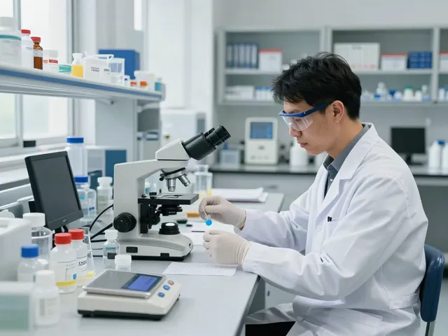 Researcher analyzing Swiss Chems high-purity peptides in a modern lab.