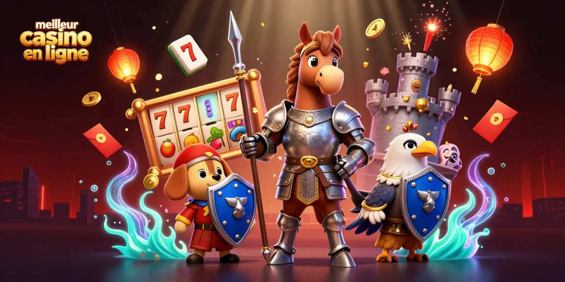 Illustration dynamique montrant le meilleur casino en ligne avec un chevalier médiéval, un chiot écuyer et un faucon, entourés d'éléments de jeu.