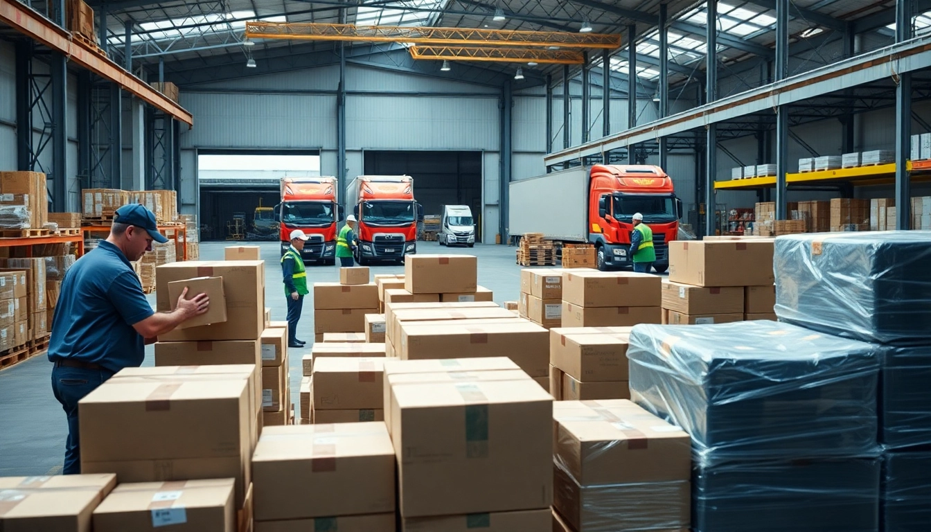 Logistics workers efficiently managing shipments in a vibrant warehouse environment.