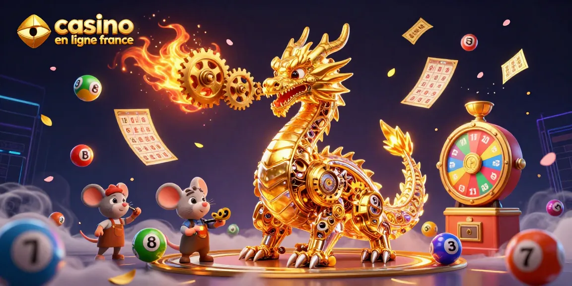 Jouer au casino en ligne France avec une illustration d'un dragon en or et des éléments de loterie colorés.