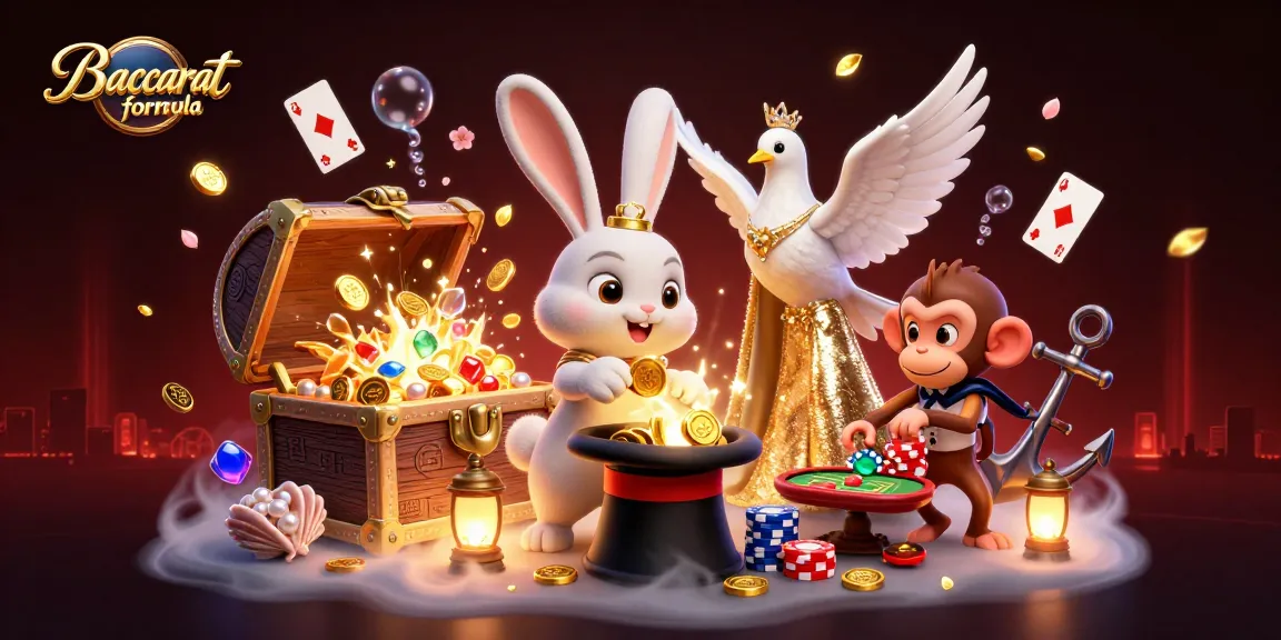 Baccarat formula illustrates a captivating scene with a magician rabbit and a dove amidst casino elements, showcasing a lively game atmosphere.