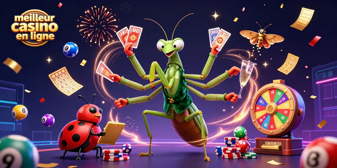 Le meilleur casino en ligne : une mante religieuse à plusieurs bras distribuant des cartes, sous un ciel de confettis.