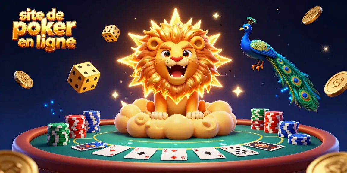 Jouez sur le site de poker en ligne avec des atouts, des jetons et des cartes dans une scène dynamique.