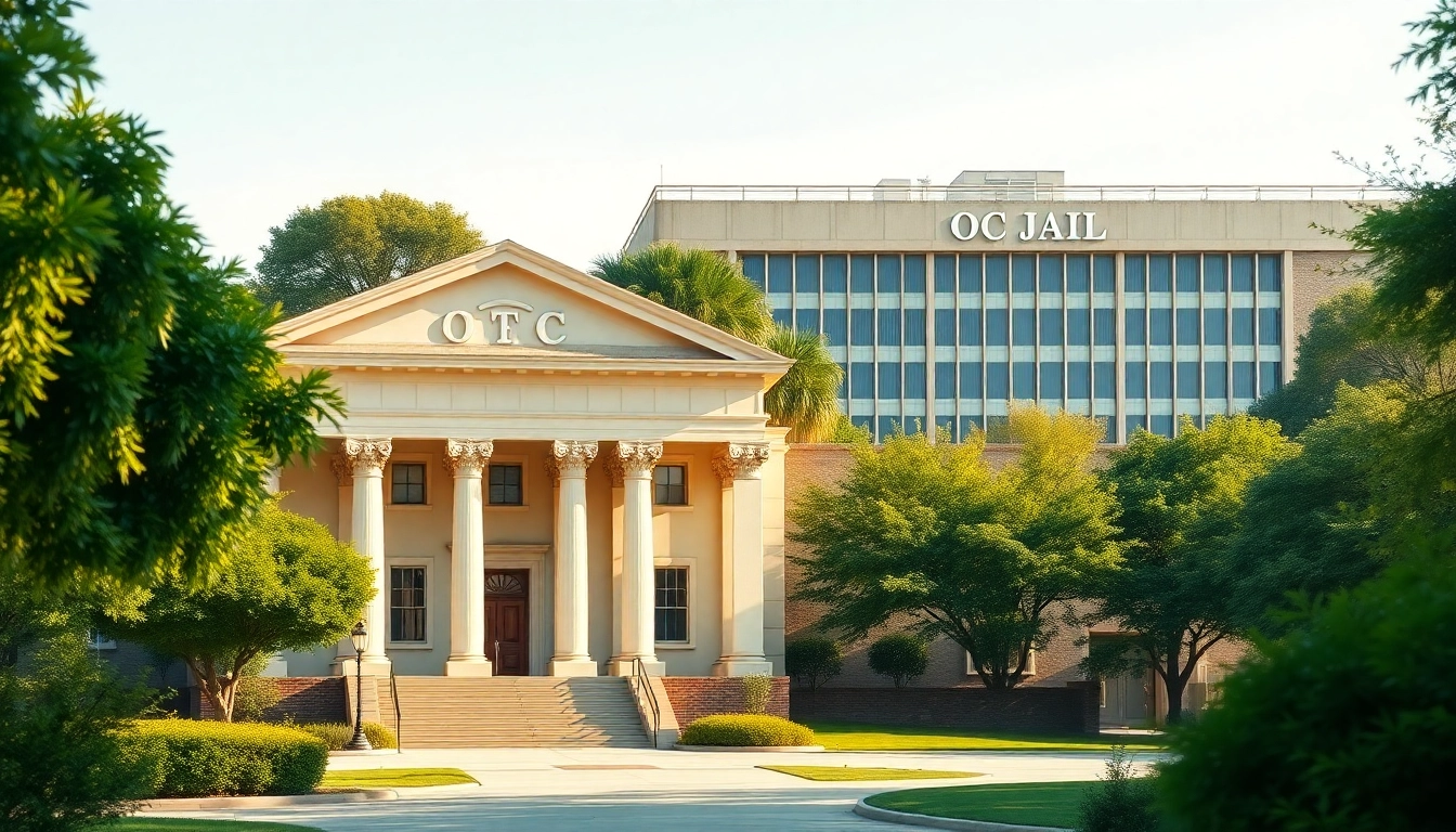 OC Jail depicted alongside a peaceful courthouse, showcasing community and justice.