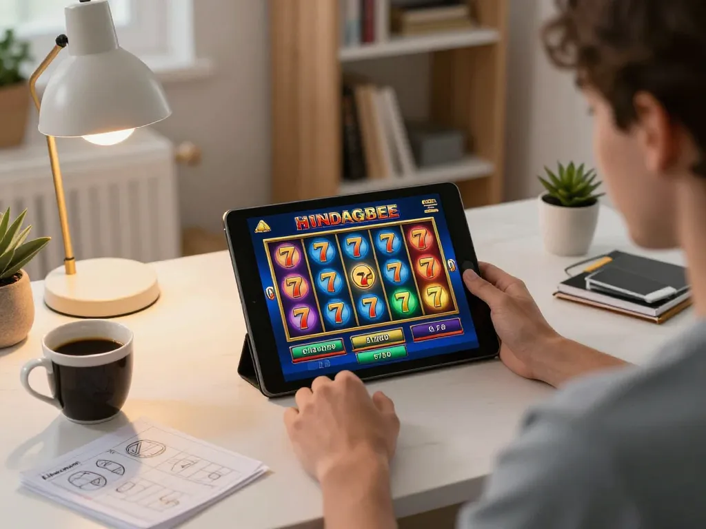 Player engaging with slot 777 on tablet in cozy home setup, showcasing responsible gaming atmosphere.