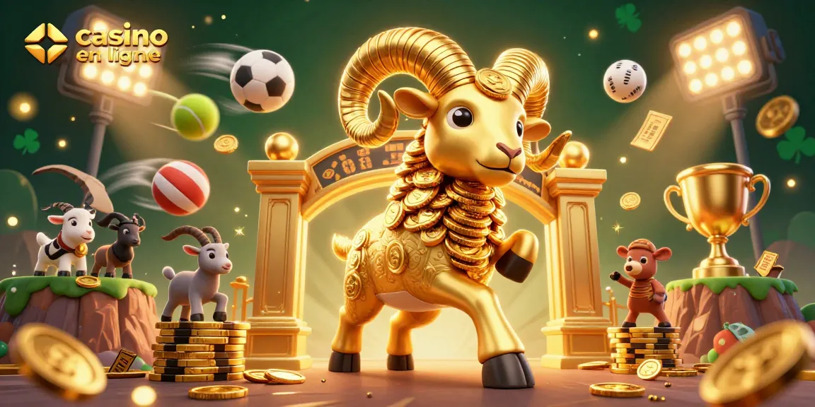 Découvrez l’univers captivant du casino en ligne avec un puissant bélier doré, des ballons de sport et des éléments de jeu entourants.