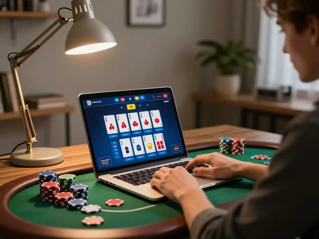 Engaging in online poker strategy at jmb88 on a modern laptop in a stylish home office.