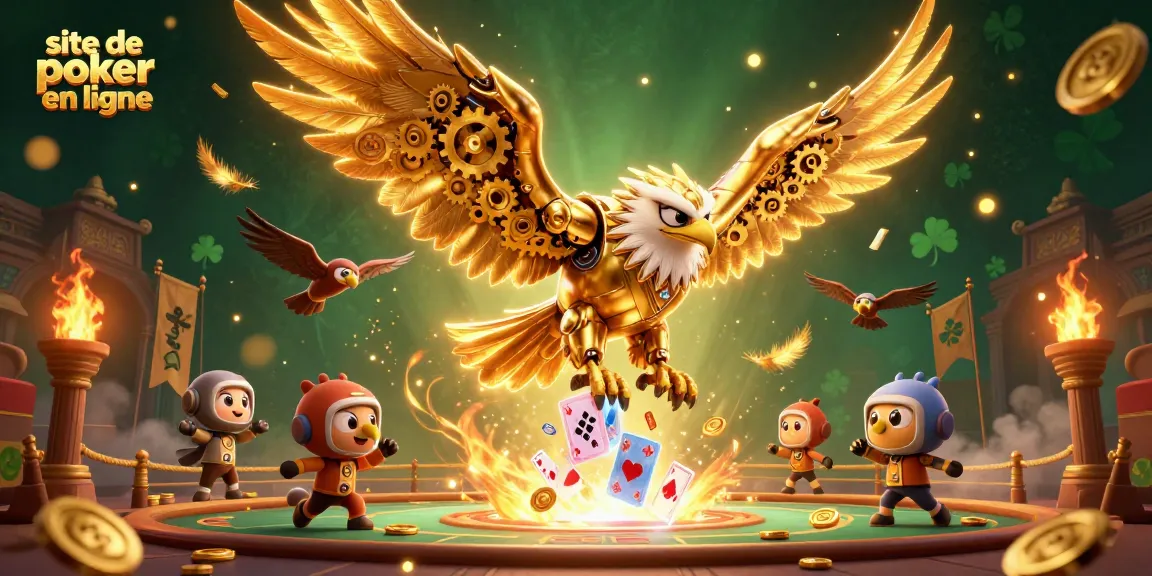 Plongez dans l'univers des jeux avec ce site de poker en ligne, où un aigle cybernétique se fraye un chemin à travers les cartes holographiques et les jetons d'or.