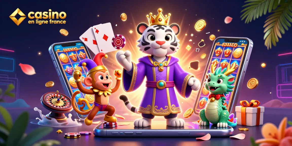 Illustration dynamique du casino en ligne france avec un tigre blanc élégant et un singe jongleur, entouré de jetons de poker.