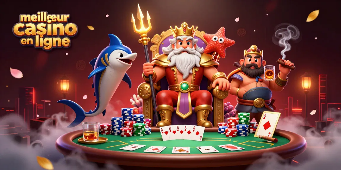 Meilleur casino en ligne: Illustration du roi Neptune avec un trône de corail entouré d'éléments de poker.