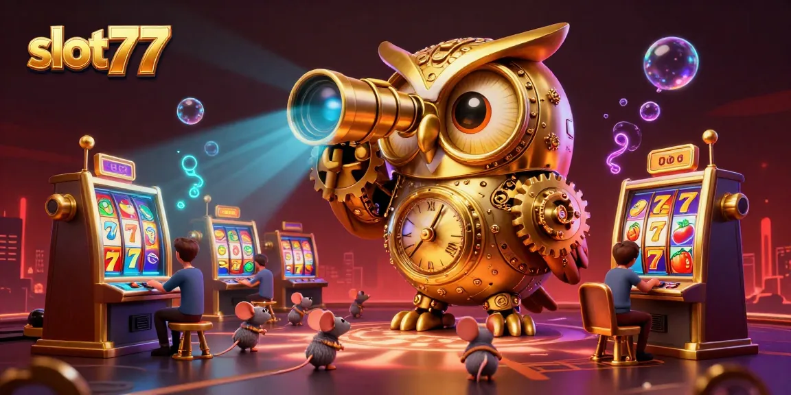 Engage with slot77's thrilling casino atmosphere featuring spinning slot reels and lively characters.