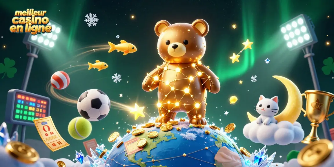 Visualisez le meilleur casino en ligne avec des étoiles dorées, des pièces et des éléments sportifs dynamiques.