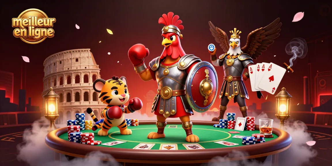 Jouez au meilleur casino en ligne avec un rooster gladiateur et ses partenaires dans une ambiance dynamique.