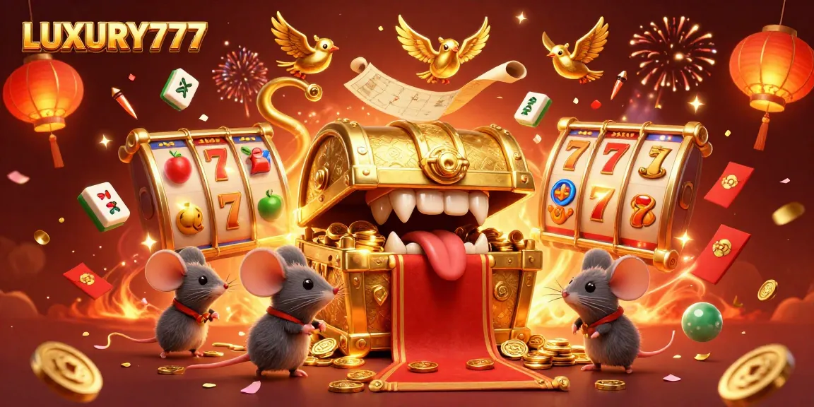 Menang besar dengan LUXURY777, peti harta karun 3D dan simbol slot menghibur di kasino penuh warna.