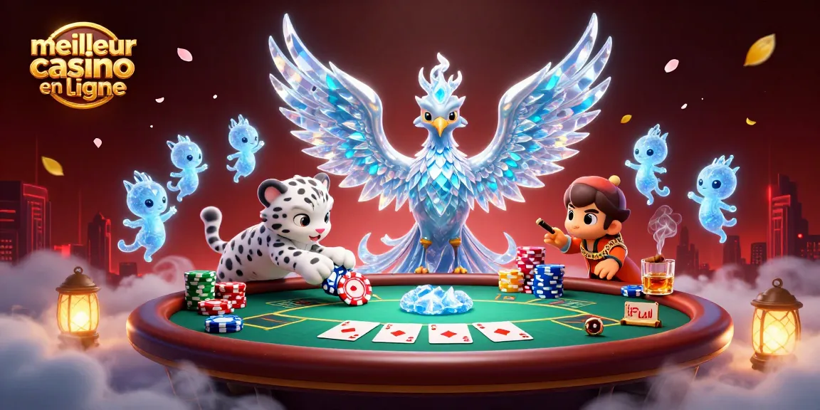 Jouer au meilleur casino en ligne avec une illustration dynamique de poker et un phoenix de glace.