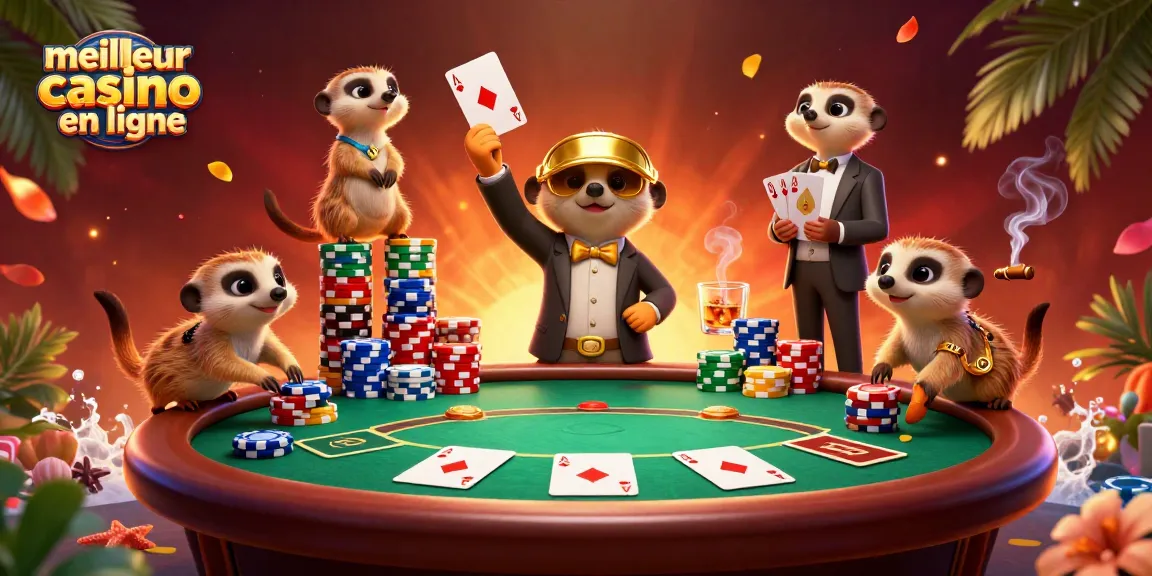 Découvrez le meilleur casino en ligne avec des suricates jouant au poker dans une scène dynamique.