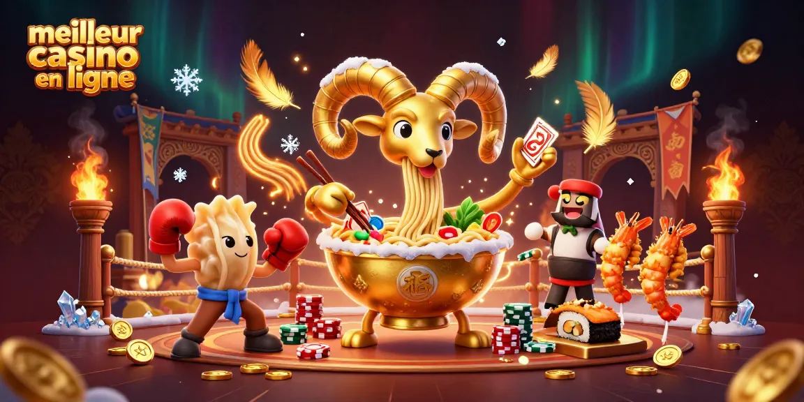 Découvrez le meilleur casino en ligne avec un ramen géant et ses amis dans une scène de jeu dynamique.