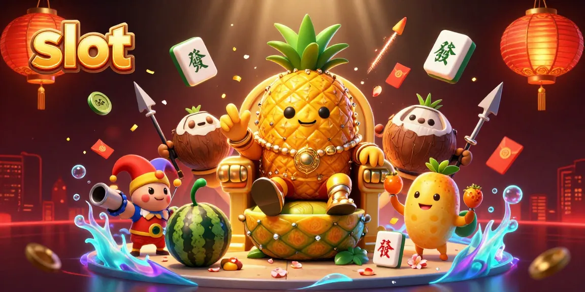 Spin the slot with festive characters like the golden pineapple king illustrating a vibrant casino scene.