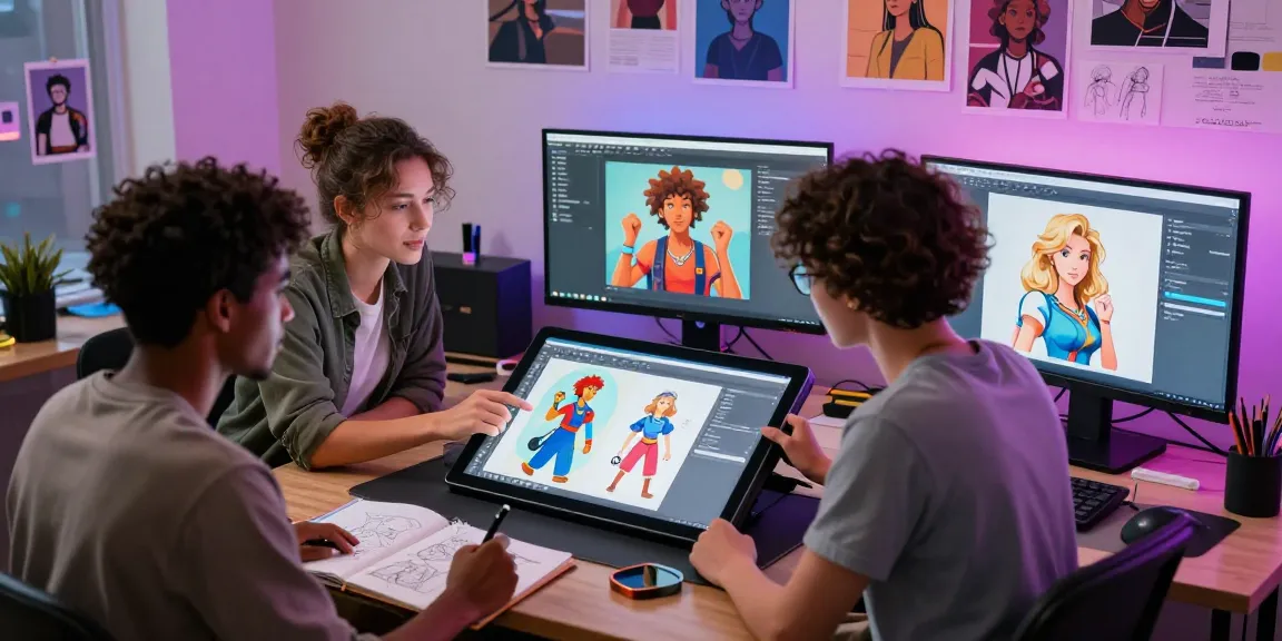 NSFW character AI project collaboration in a vibrant digital art studio