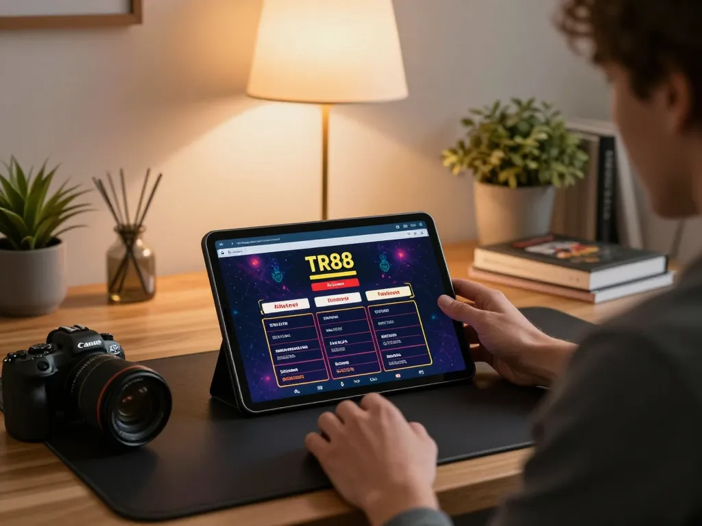 Engaging with TR88 casino on a tablet in a cozy home office environment.