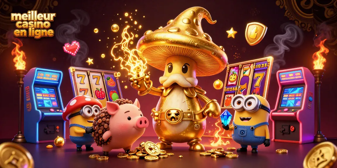 Jouer au meilleur casino en ligne avec une illustration magique de champignons dorés et des jeux de machines à sous.