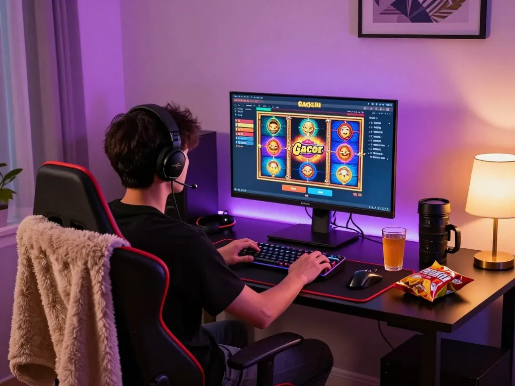 Pemain terlibat menikmati pengaturan permainan slot gacor online dengan grafik yang cerah dan suasana yang nyaman.