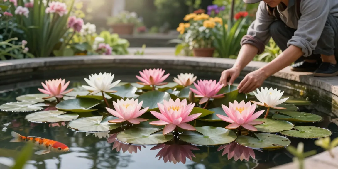 Water Lilies blooming in serene garden pond with clear water and lush greenery.