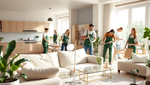 Cleaning Service professionals diligently cleaning a modern home environment, showcasing a bright and inviting scene.
