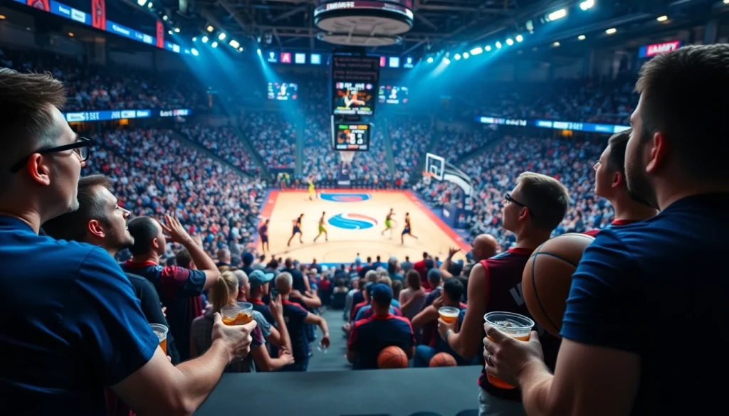 nba중계의 열띤 경기를 응원하는 팬들과 햇빛이 비치는 농구 코트