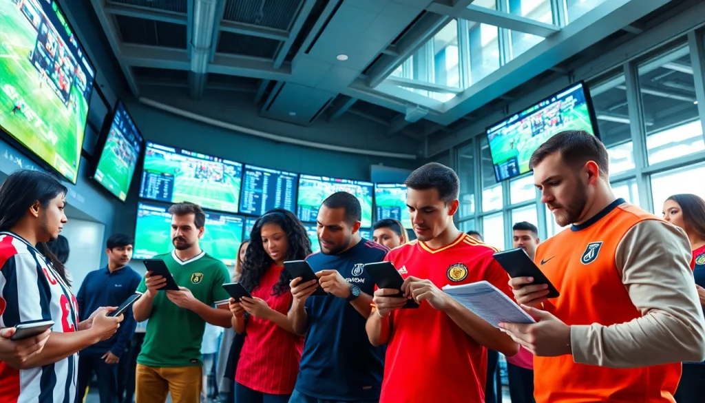 Engaging sports betting scene showcasing diverse bettors analyzing odds and stats on sports betting sites India.