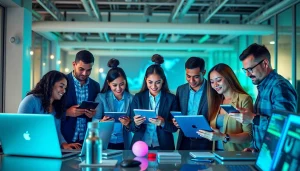 Engaged professionals collaborating with advanced technology in a modern office setting.