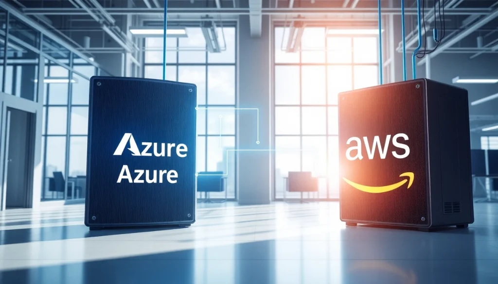 Visualize Azure & AWS Integration through interconnected server systems in a modern workspace.